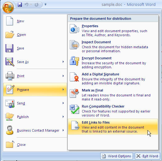 Location of Edit Links in Word 2007